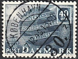 FRIMÆRKER DANMARK | 1949 - AFA 316 - Verdenspostforeningen 75 år - 40 øre blå - Pragt Stemplet